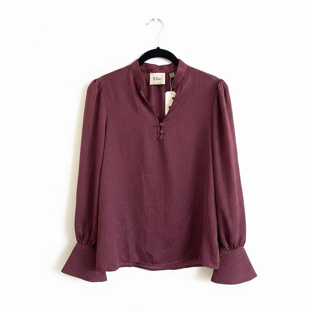 NWT‎ Elie Tahari Women's Burgundy Button Front Bell Sleeve Blouse Small